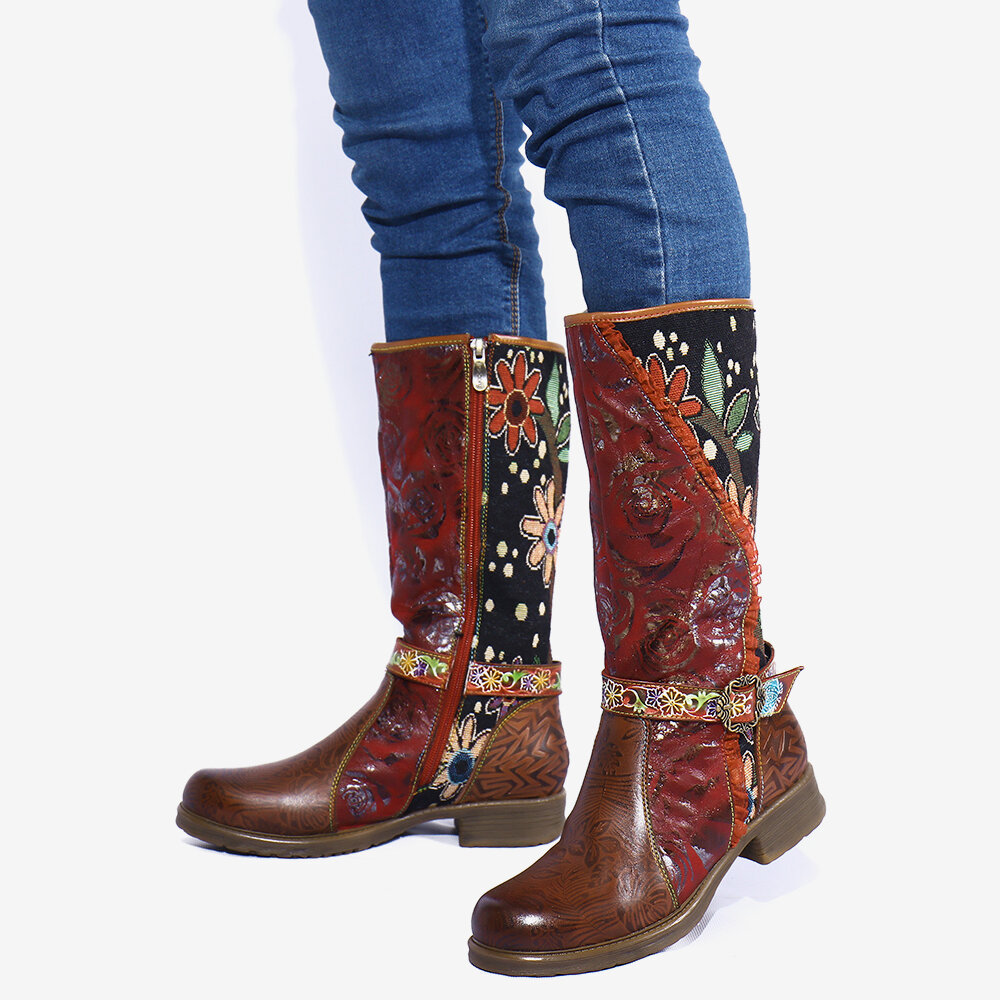 

SOCOFY Women's Splicing Floral Pattern Lace Buckle Deco Zipper Mid-calf Block Heel Boots