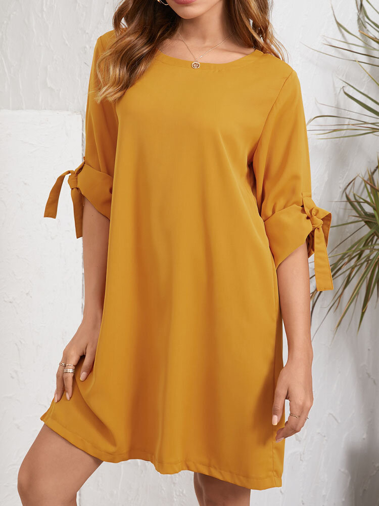 

Solid Tie-at Cuffs Half Sleeve Crew Neck Casual Dress