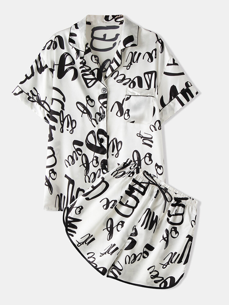 

Women Graffiti Letter Print Revere Collar Short Sleeve Smooth Home Ice Silk Pajama Set