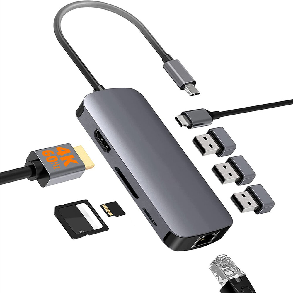 

Док-станция Pobod 8 в 1 Тип-C с USB3.0 * 3 PD100W USB-C 4K @ 60 Гц HDMI RJ45 Слот для чтения карт SD / TF Многопортовый