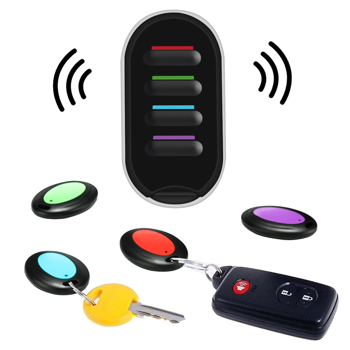 

Hizek 4-IN-1 Anti-Lost Alarm Smart Tag Wireless Tracker Child Wallet Key Finder Locator with LED Flashlight and 4 Receiv
