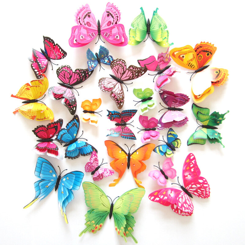 

12 шт., 7 цветов, 3D двухслойная бабочка, наклейка на стену, холодильник, Магнит, домашний декор, художественная апплика