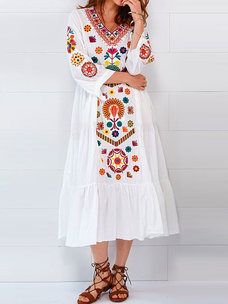 

Этнический Женское V-образный вырез с длинным рукавом и цветочным принтом Праздничное богемное макси со складками Платье