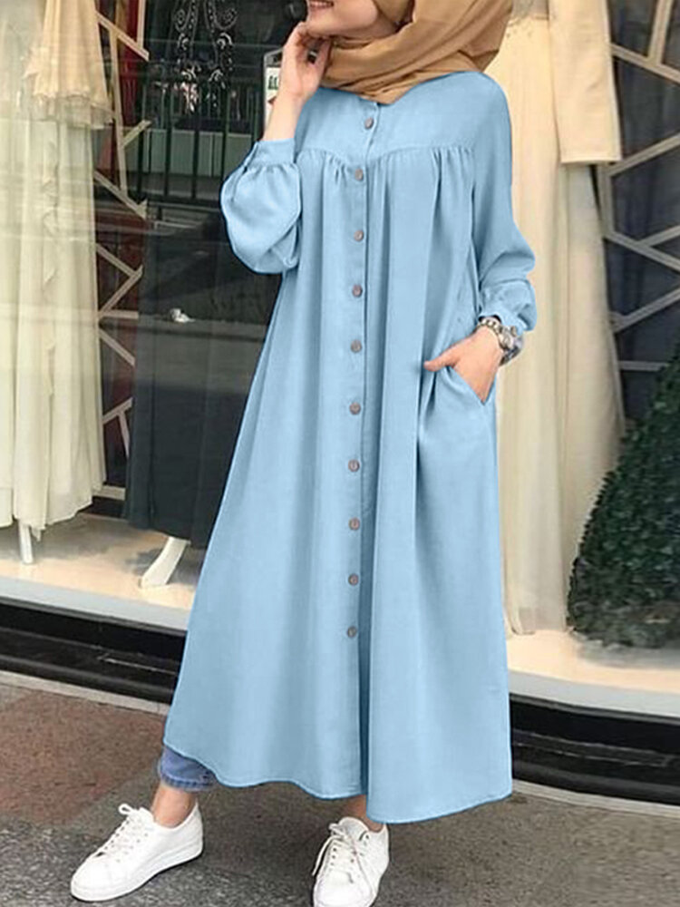 

Сплошной цвет воротник-стойка на пуговицах спереди Свободное свободное макси Платье с боковыми карманами