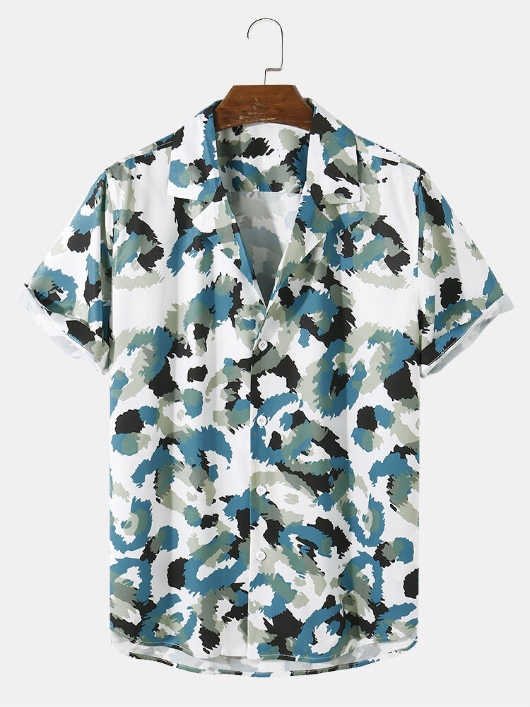

Mens Leopard Graffiti Print Revere Collar Short Sleeve Shirt