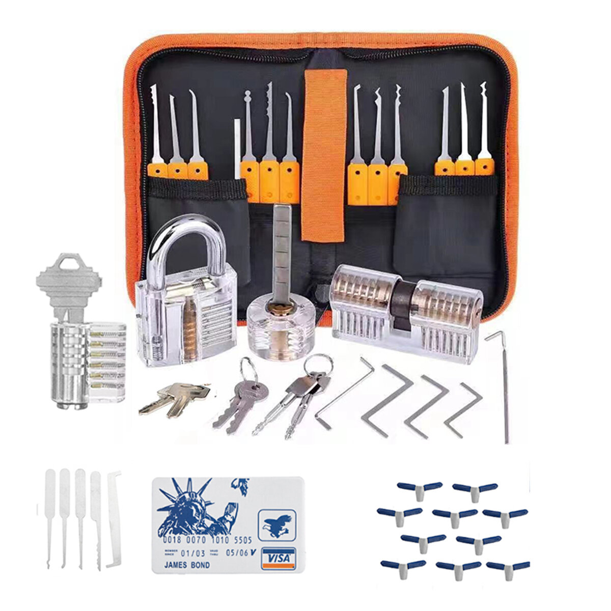 

44PCS Orange Picks and Padlocks Set with Spring Steel Tools Transparent Padlocks and Automatic Unlocking Gun for Mechani