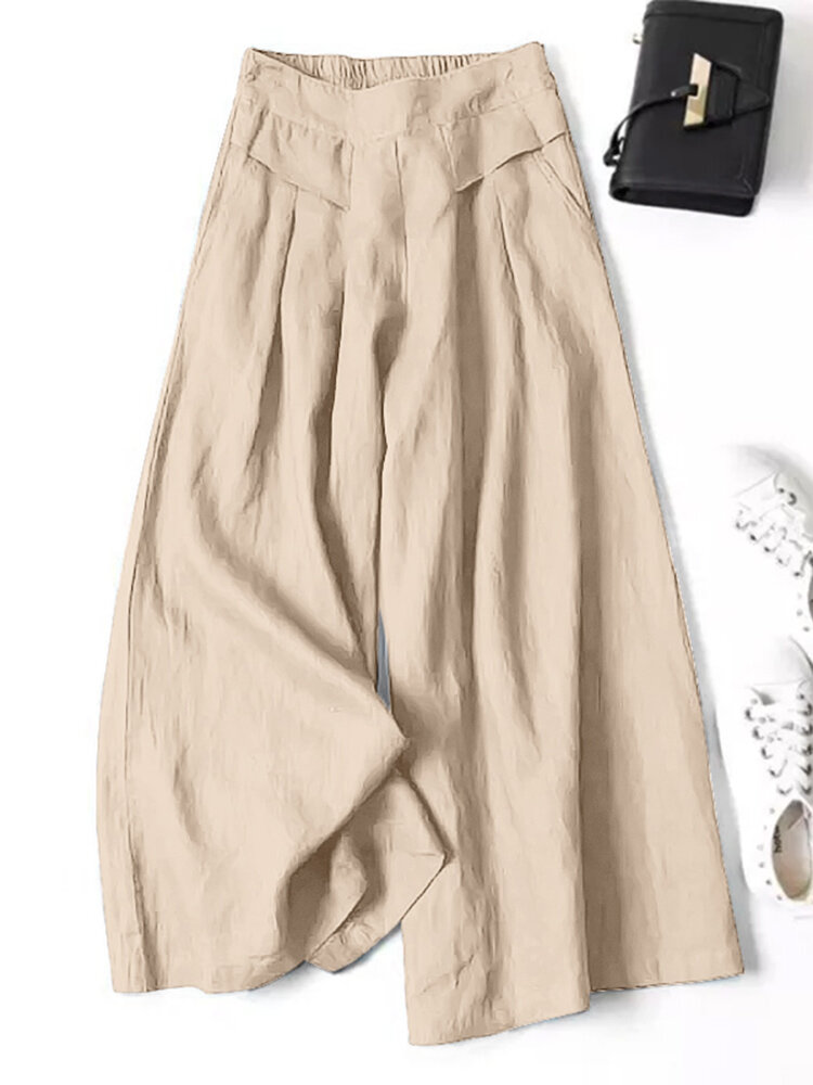 

Women 100% Cotton Wide Leg Side Pockets Solid Color Ankle Length Elastic Waist Pants