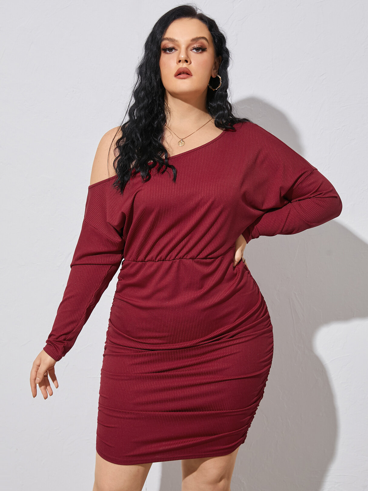 

Plus Size One Shoulder Ruched Long Sleeves Dress