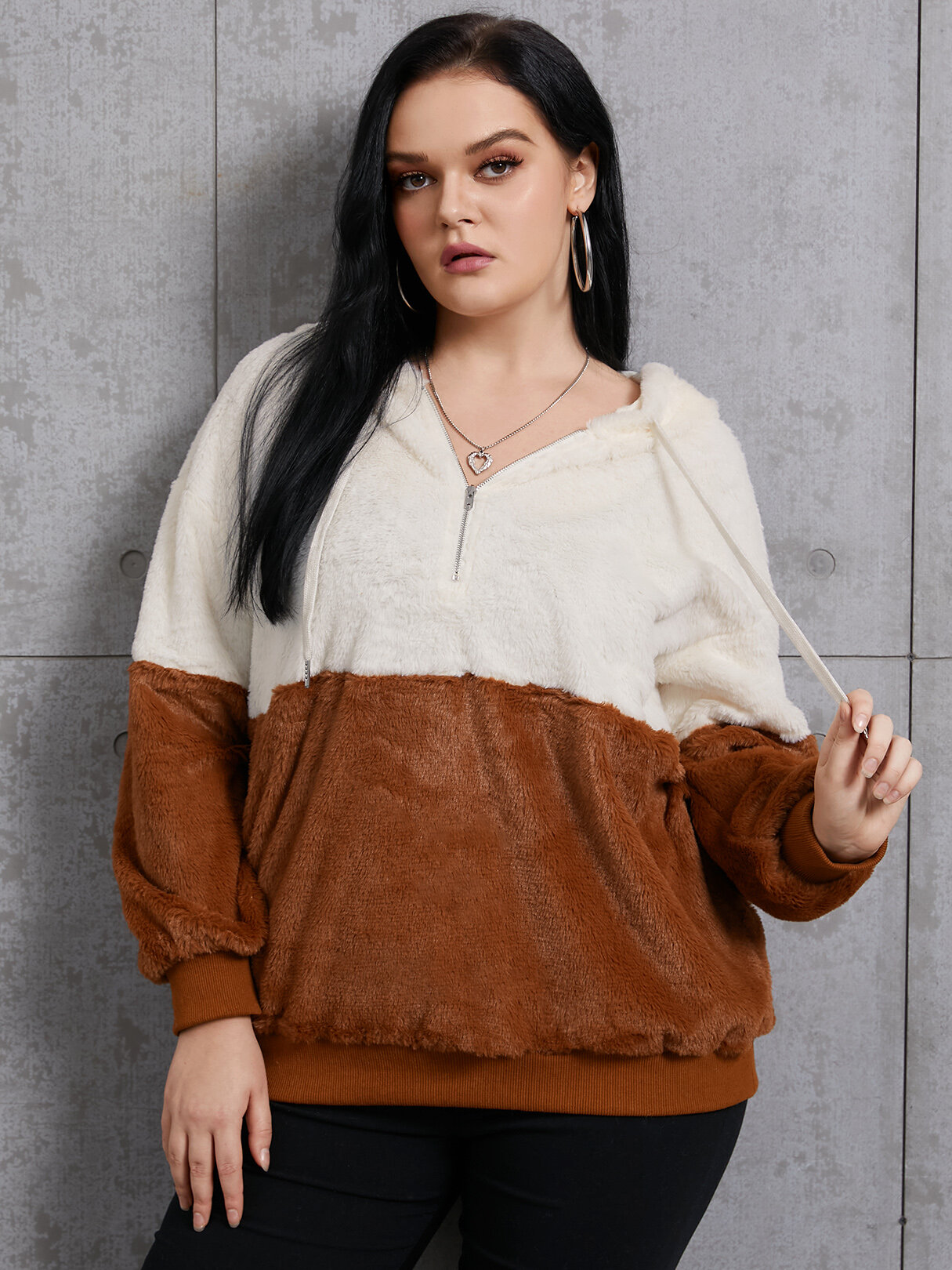 

YOINS Plus Size Brown Hooded Zip Front Patchwork Design Long Sleeves Sweatshirt