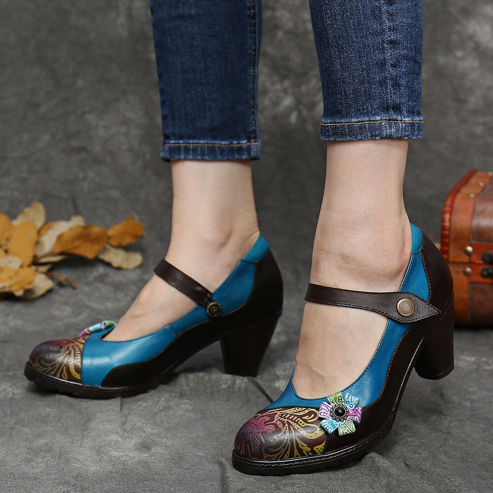 

SOCOFY Кожаные туфли-лодочки на массивном каблуке с цветочным рисунком в стиле ретро в стиле ретро Mary Jane Платье Обув