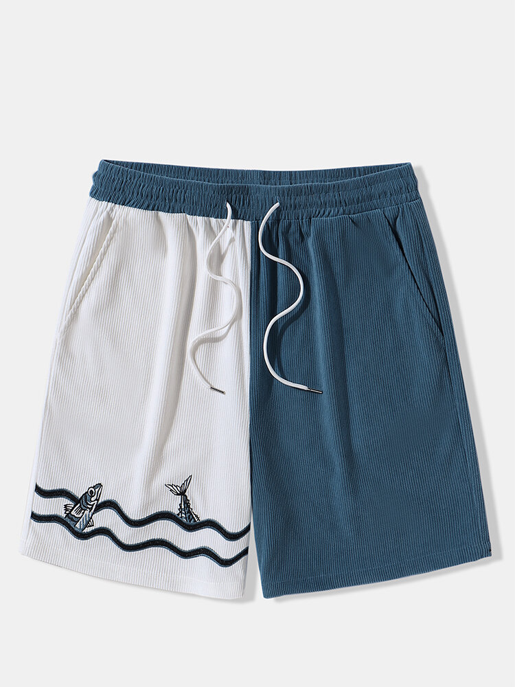 

Мужские лоскутные вельветовые шорты с вышивкой «рыбная волна» и завязками на талии