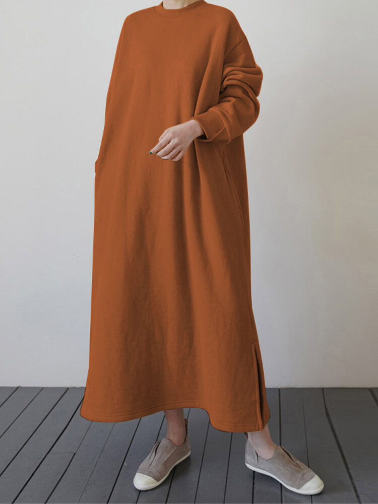 

Однотонный свободный свитшот макси с разрезным краем Платье с боковыми карманами