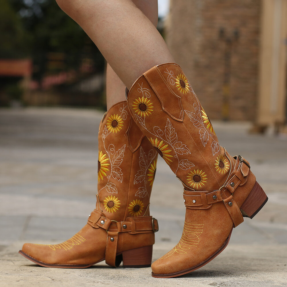

Женщины Ретро Подсолнухи Шаблон Остроконечный носок Шлейка на массивном каблуке Ковбой Ботинки