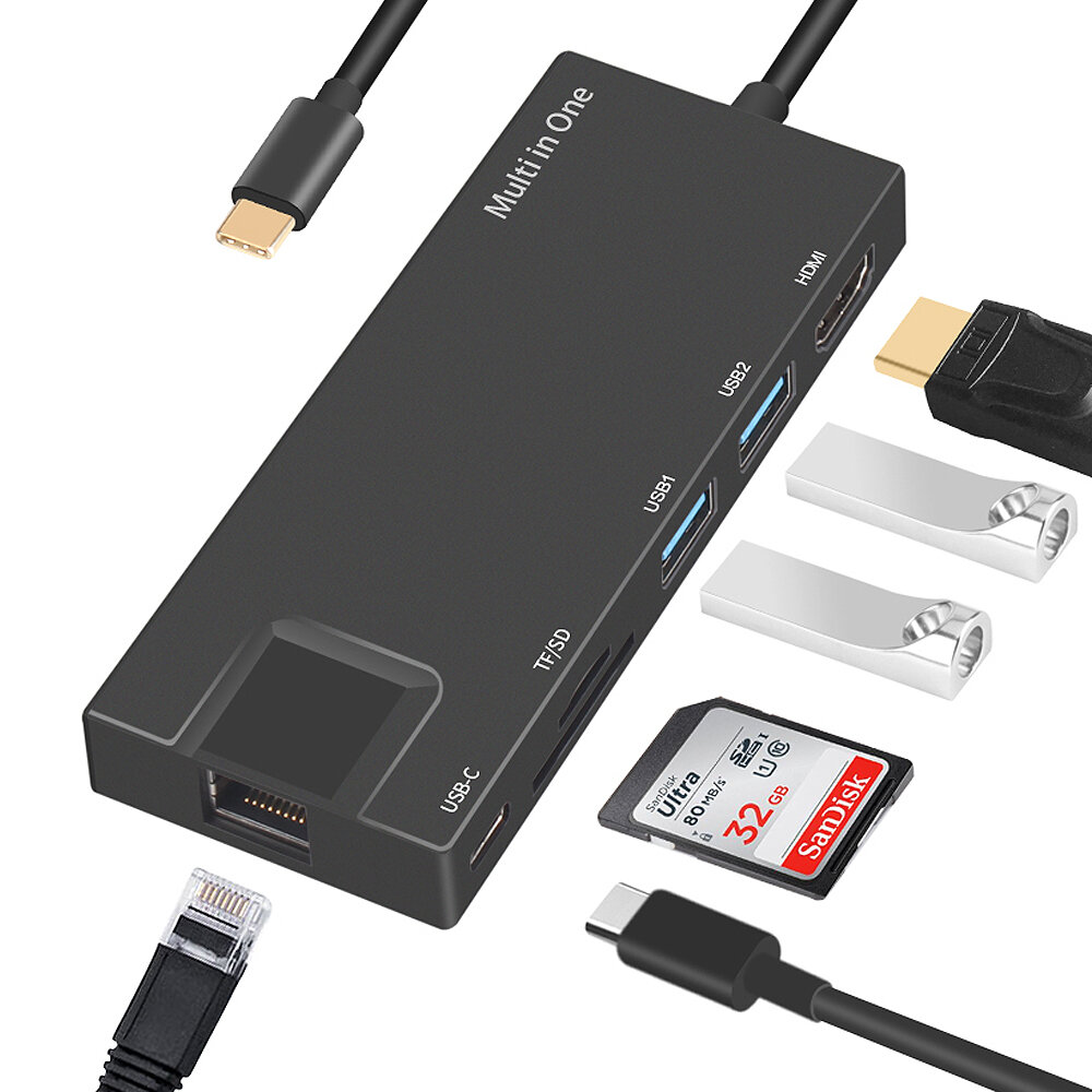 

Концентратор USB-C 7-в-1 Type-C - USB3.0 Адаптер 4K HD VGA Gigabit Ethernet Converter PD Быстрая зарядка Устройство чтен