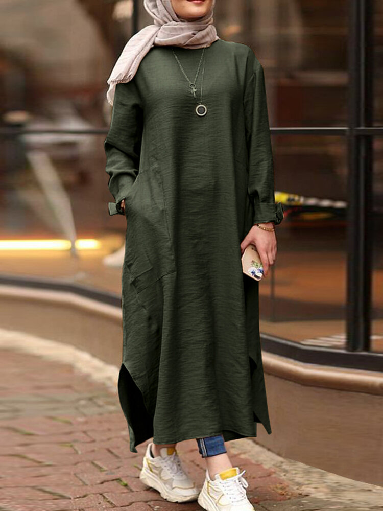 

Женщины сплошной цвет с круглым вырезом и длинными рукавами, разделенные Халат Кафтан повседневное макси Платье с карман
