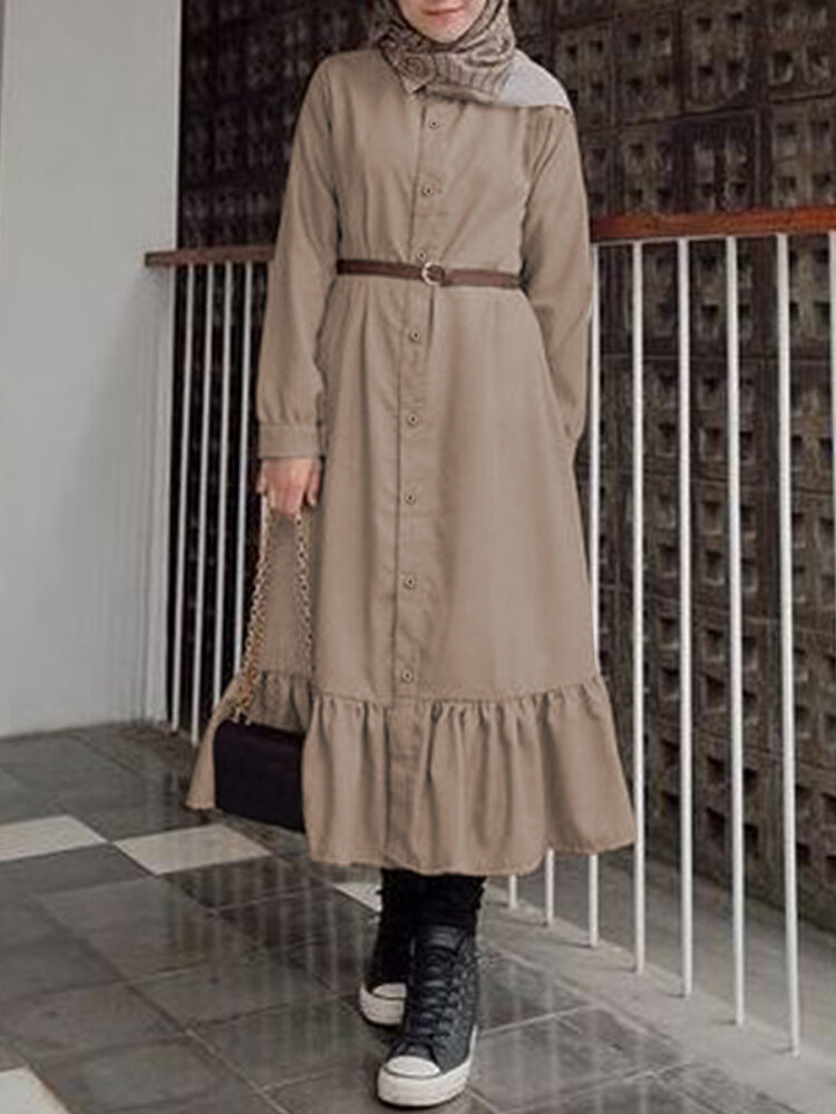 

Женское Однотонный кафтан-туника с оборками на пуговицах и оборками по краю макси Рубашка Платье (без ремней)