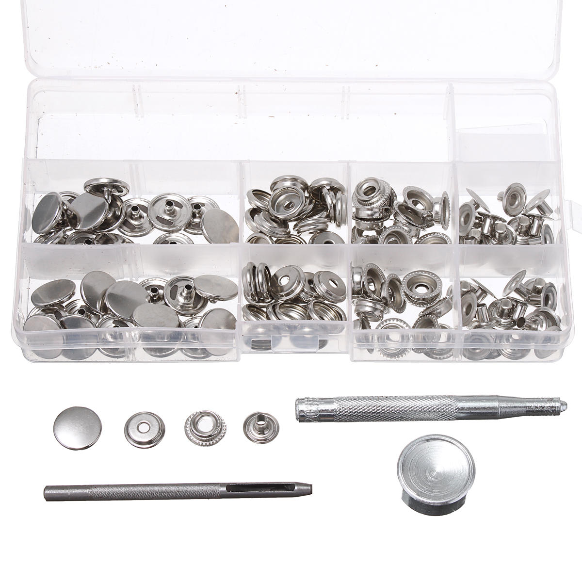 

120Pcs 15mm Heavy Duty Silver Snap Fastener Press Studs Button With Tool