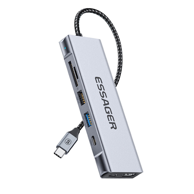 

Док-станция ESSAGER 8-в-1 с USB2.0 USB3.2Gen 2 10 Гбит/с USB-C Data PD100W USB-C 4K@30Hz HDMI Слот для чтения карт памят