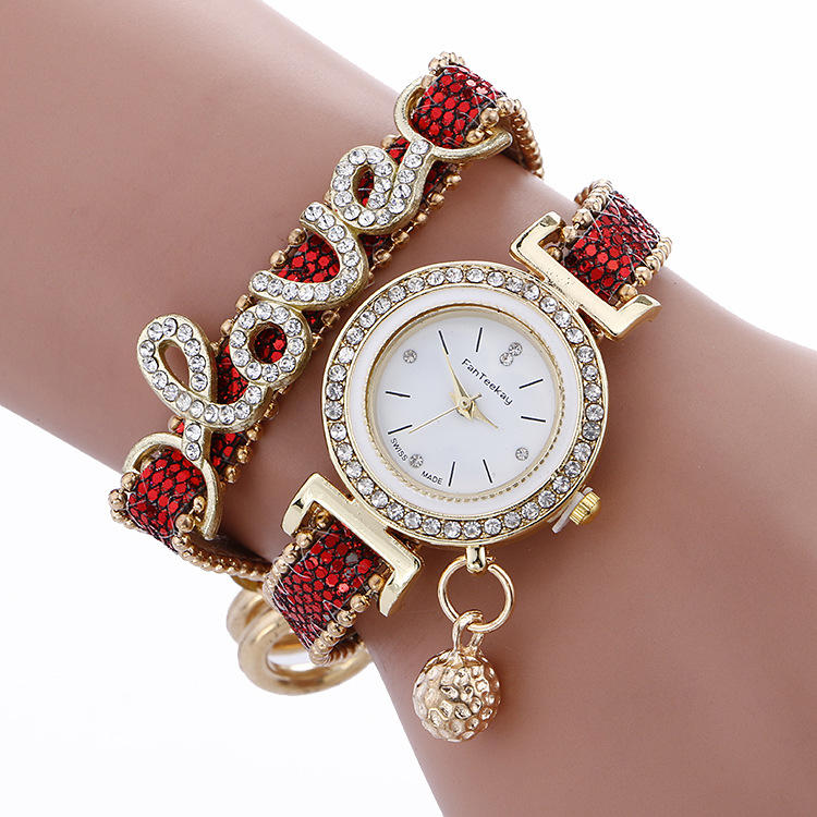 

Мода Роскошные Женское Часы Love Word Кожаный ремешок Дамы Браслет Кварцевые часы