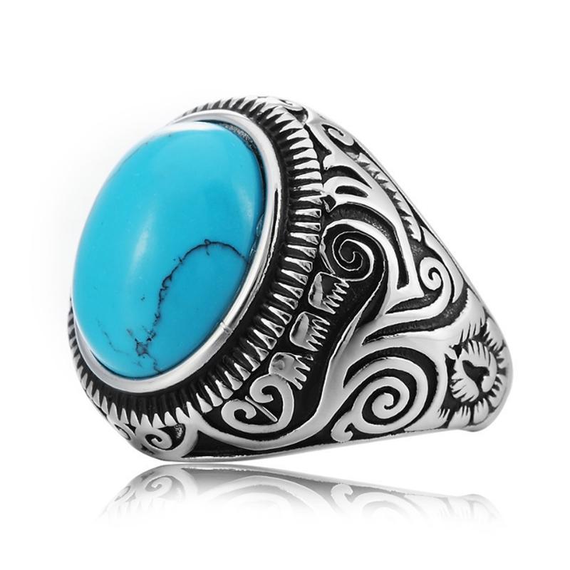 

REZEX Винтаж Шаблон Blue Black Бирюзовый Кольца для пальцев Gem Titanium Steel Мужское кольцо