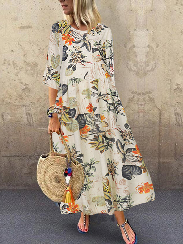 

Женские круглые платья макси с цветочным принтом в стиле ретро Шея с рукавами три четверти плиссированные