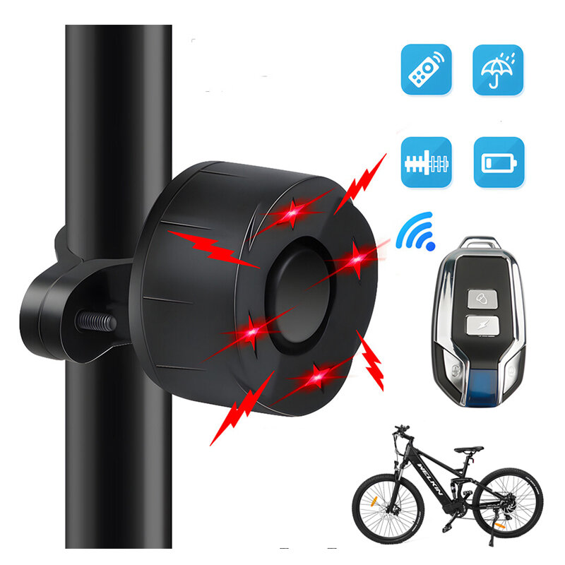

2023 Bike Alarm Light 700mAh Battery 4 Flashing Modes 110dB High Sound Bicycle Bell Horn Anti-theft Electric Waterproof