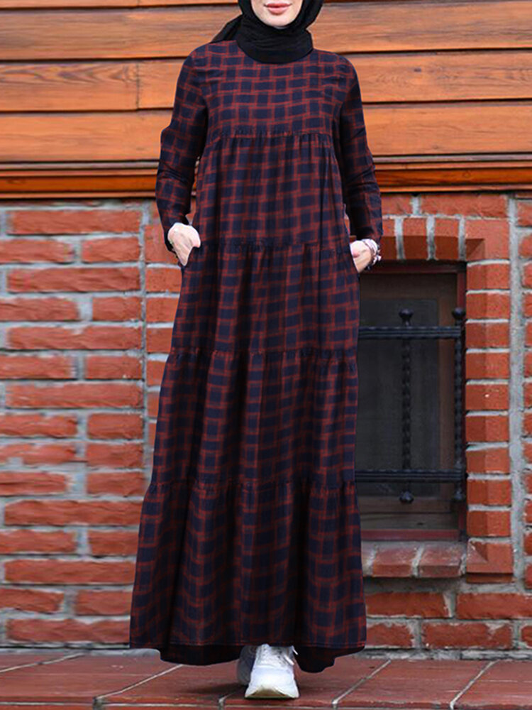 

Женщины Винтаж Плед Круглый Шея Кафтан Повседневные платья макси с длинным рукавом с карманом