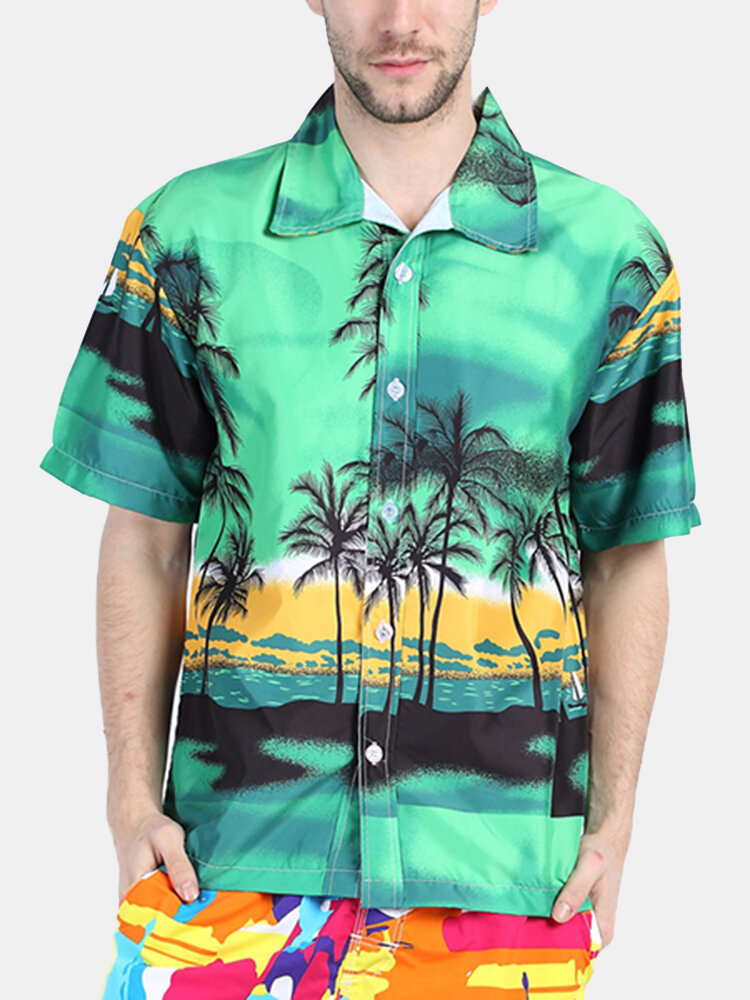 

Пляжный Праздник Breathable Быстрая сушка Кокос Дерево печати Loose Lounge Рубашки с короткими рукавами