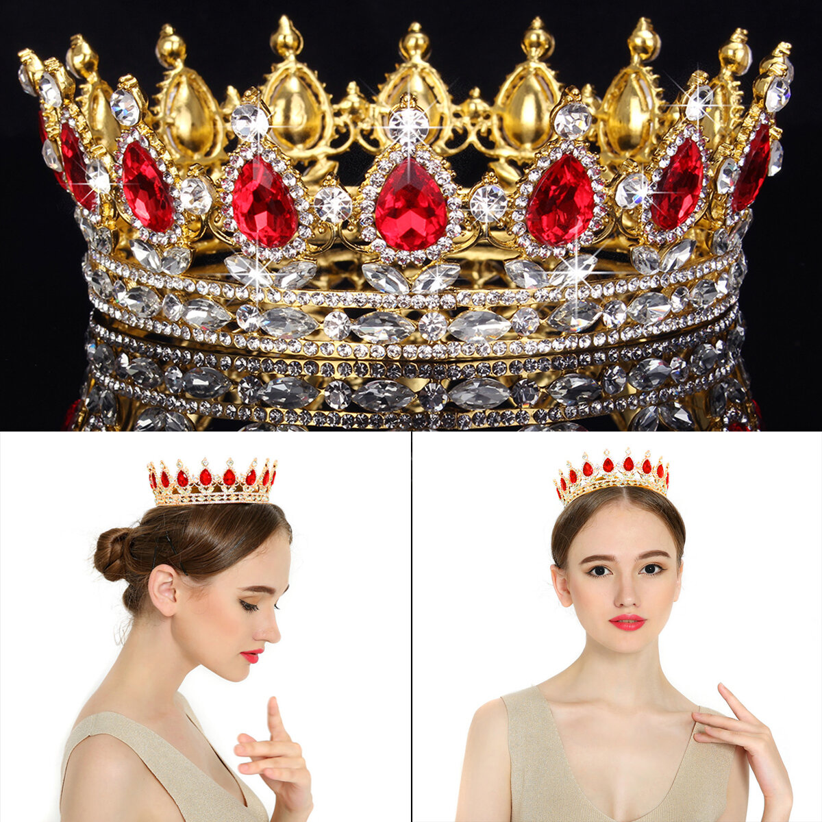 

Высокий красный сверкающий кристалл золотой король корона Свадебное выпускного вечера Pageant Волосы аксессуары