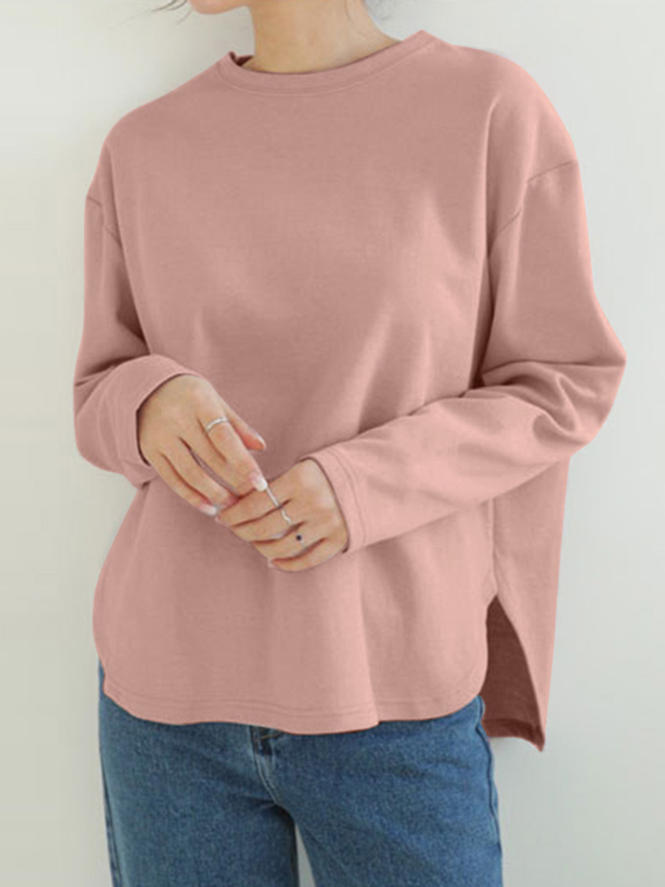 Women Long Sleeve Loose Solid Side Fork High Low Casual Pullover Sweatshirt 6