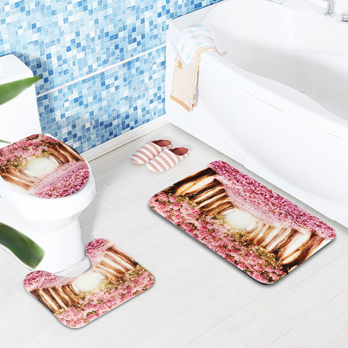 Find 3Pcs/Set Sakura Pattern Home Bathroom Non Slip Pedestal Rug Lid Toilet Cover Bath Mat Carpet Pad for Sale on Gipsybee.com with cryptocurrencies