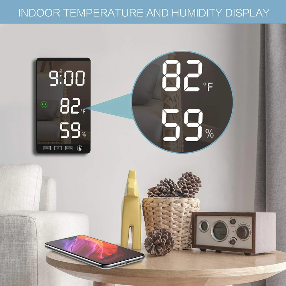 Find 6 Inch LED Mirror Alarm Clock Touch Button Wall Digital Clock Time Temperature Humidity Display USB Output Port Table Clock for Sale on Gipsybee.com