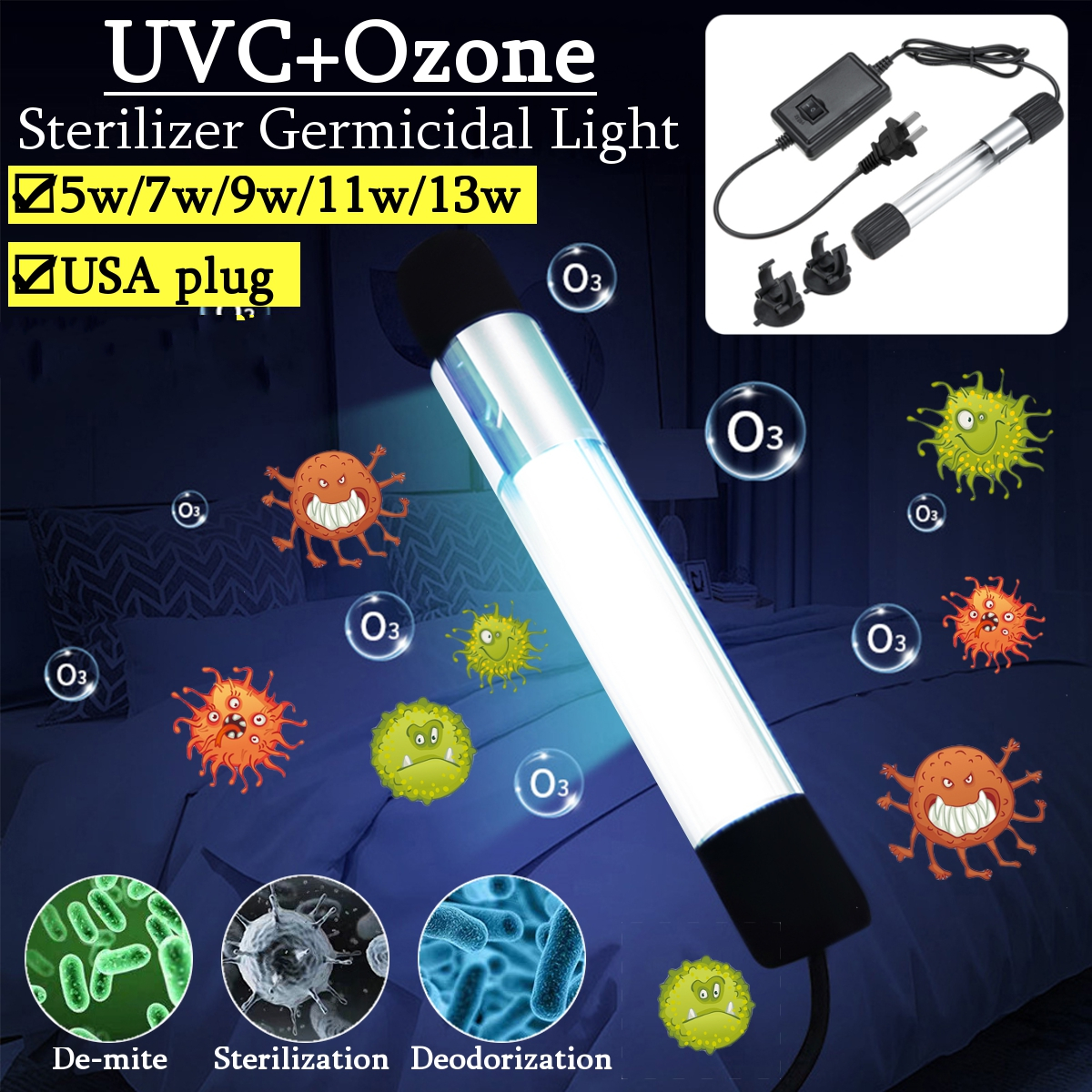 Find 5W/7W/9W/11W/13W UVC Ozone Germicidal Lamp Ultraviolet Sterilizer Disinfection Tube Light US Plug AC110V for Sale on Gipsybee.com with cryptocurrencies