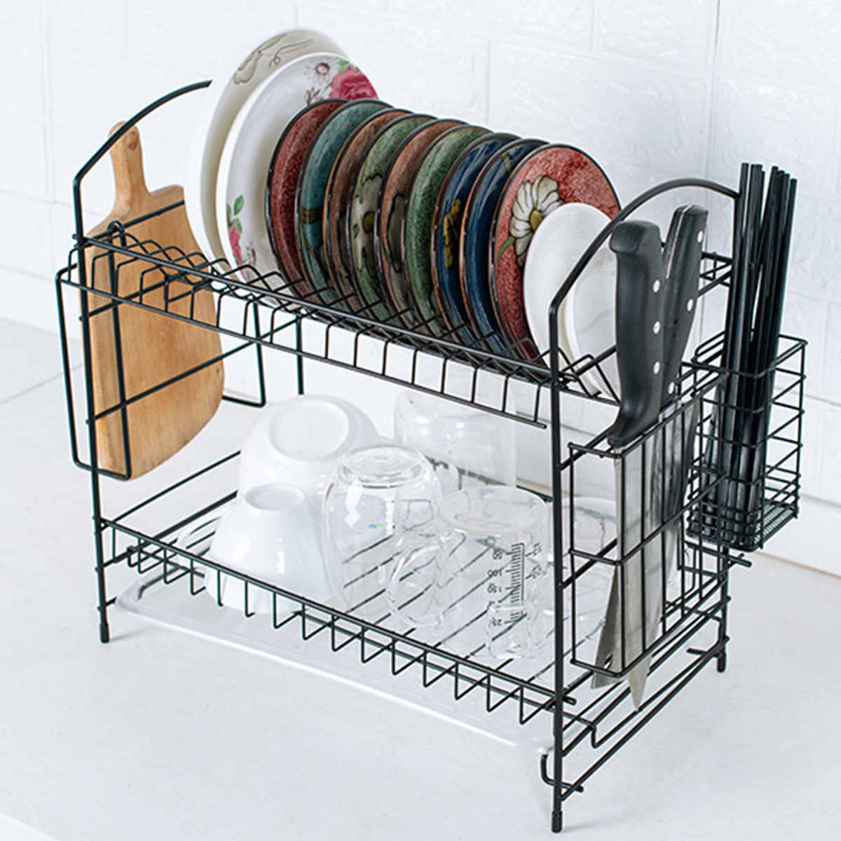 Drain rack Dish Rak Kitchen Storage Rack Organizer Mental Iron Design Easy Assemble 2 Tiers For kitchen Home Office—3