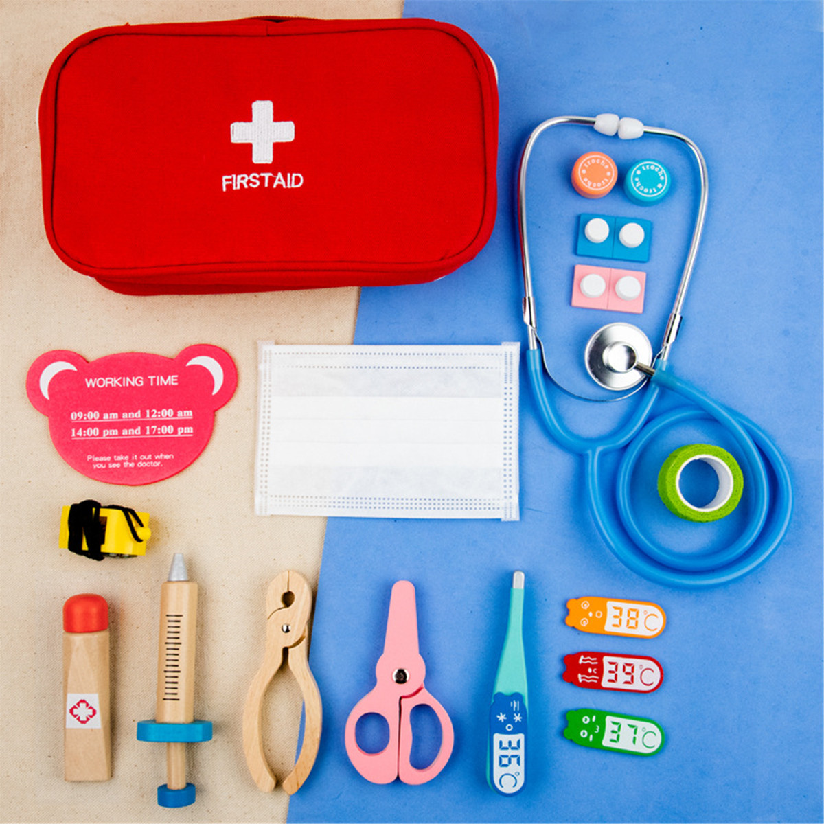 Child Portable Wooden First Aid Kit Toys Kids Teaching