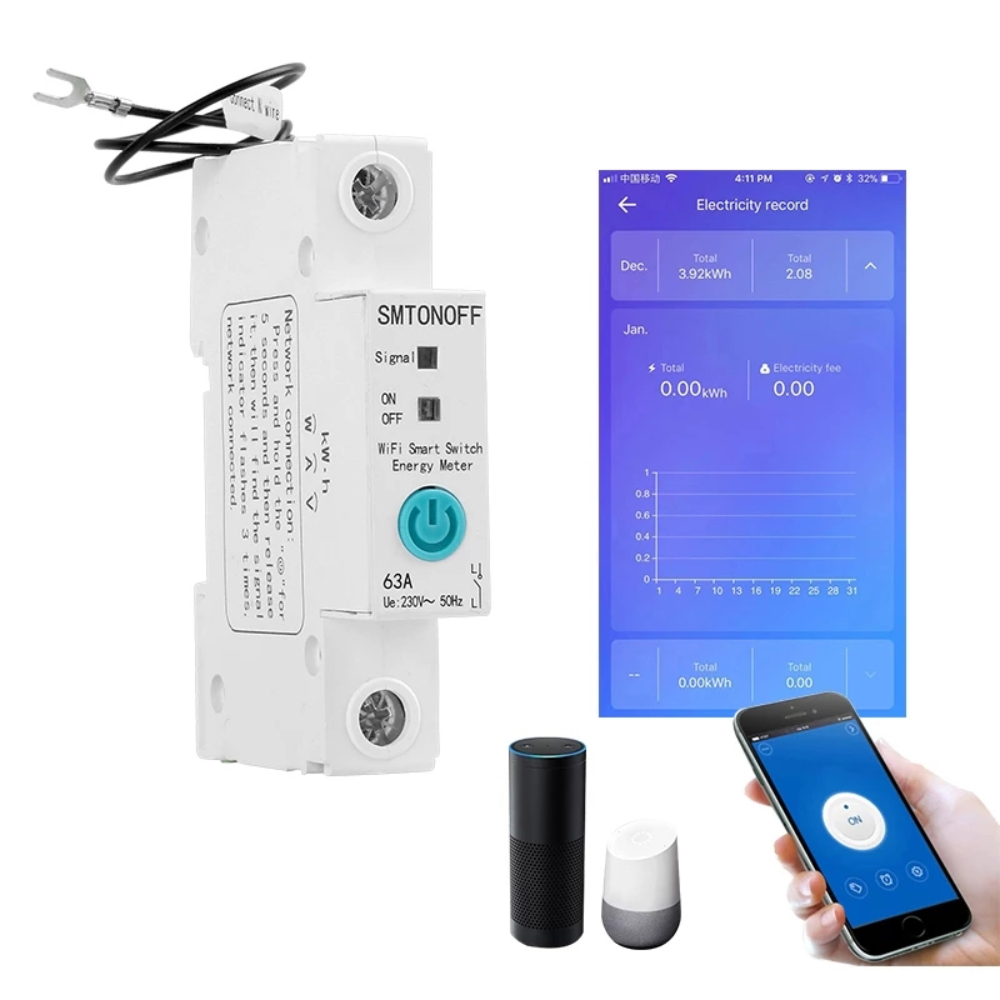 Find 1P 63A eWelink Single Phase Din Rail WIFI Smart Switch Energy Meter Leakage Protection Remote Read KWh Meter Wattmeter Works with Alexa Google for Sale on Gipsybee.com with cryptocurrencies