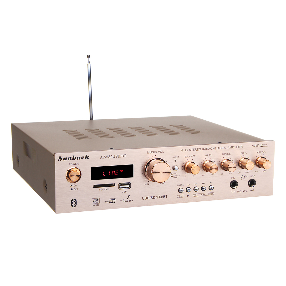 Find Sunbuck AV 580USB/BT bluetooth4 0 5CH Amplifier Support SD Card USB FM Microphone Gold for Sale on Gipsybee.com with cryptocurrencies