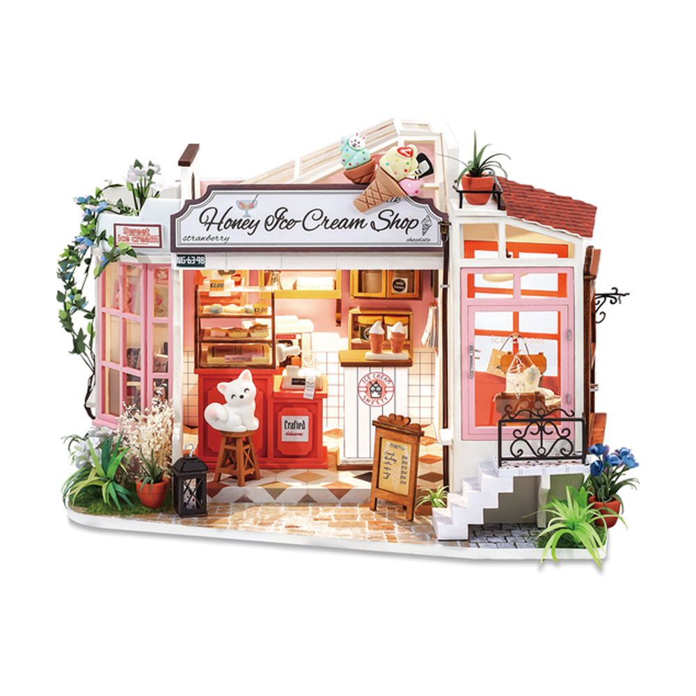 Robotime Rolife Wooden Flowery Ice Cream Shop DIY Handmade Miniature Doll House with Furnitures LED Lights Toys for Kids Gift 1
