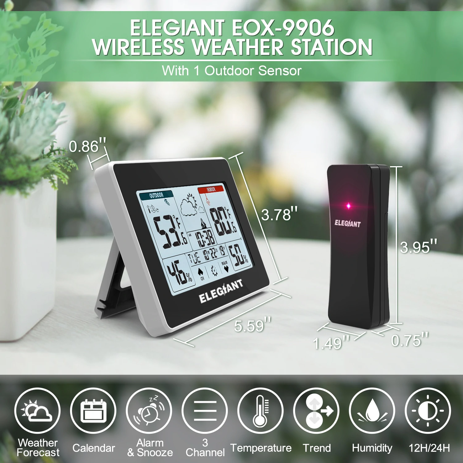 Find ELEGIANT EOX 9906 Touch Indoor Outdoor Weather Station Alarm Clock Calendar Wireless Sensor Forecast Thermometer Hygrometer for Sale on Gipsybee.com