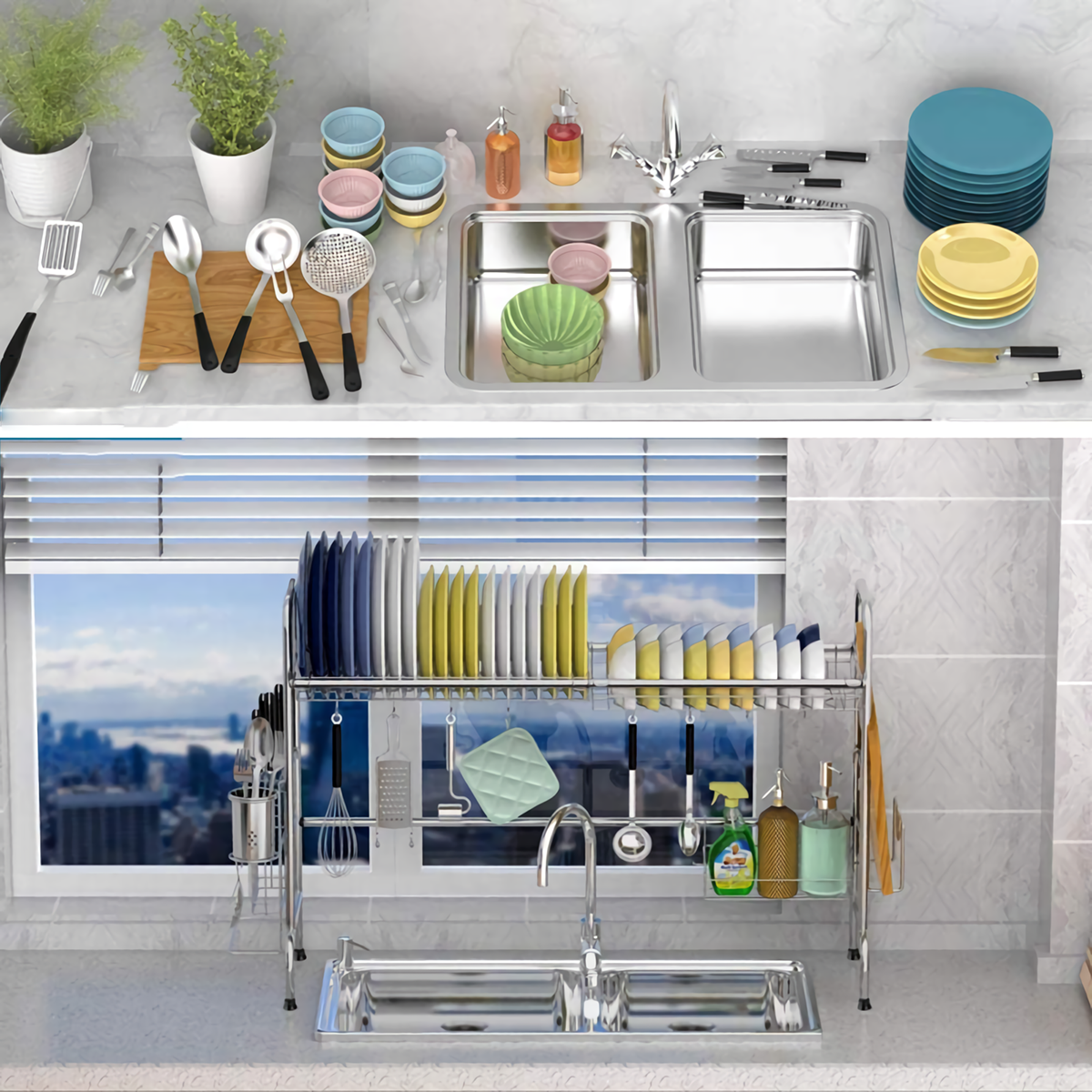 2-Tier Multi-functional Dish Rack Drain Shelf with Utensil Holder Dish Drainer H-Shaped Rust-Resistant Dish Drying Rack For Kitchen—5