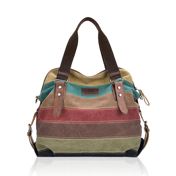 24SHOPZ Women Casual Stripe Canvas Handbag  Micro-Fibric Leather Shoulder Bags Contrast Color Crossbody Bags