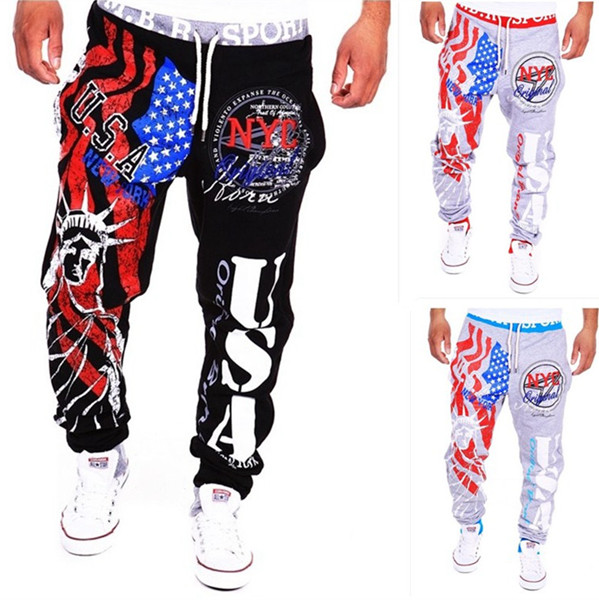 Men's Lace-Up Fashion Sports Jogger Pants Statue of Liberty American Flag Printing Hip-hop Sweatpants