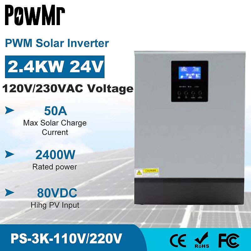 Find PowMr 3KVA 2400W Solar Inverter 24V 110V 220V Hybr1d Inverter Pure Sine Wave Built-in 50A PWM Solar Charge Controller Battery Charger PS-3K-110V/220V for Sale on Gipsybee.com with cryptocurrencies