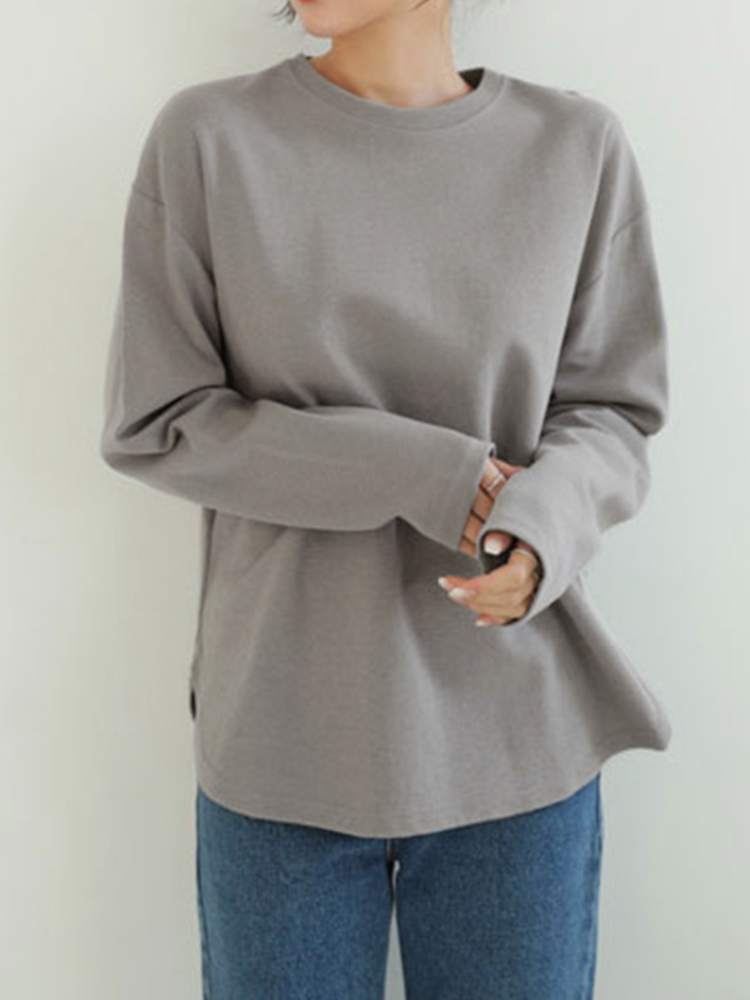Women Long Sleeve Loose Solid Side Fork High Low Casual Pullover Sweatshirt 2