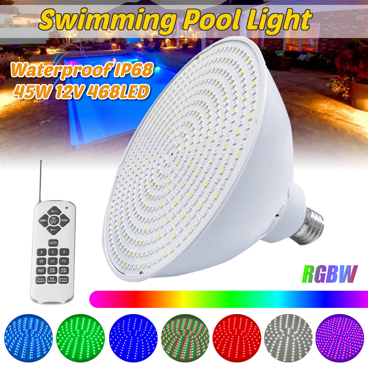 Find 12V E27 45W Waterproof LED Pool Light Underwater RGBW Color Change Lamp with Remote Control for Sale on Gipsybee.com with cryptocurrencies