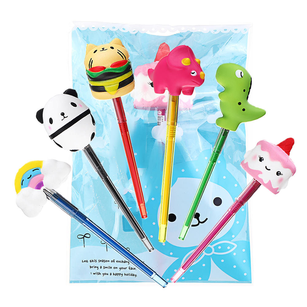 6PCS Squishy Pen Cap Wholesale Panda Dinosaur Unicorn Cake Animal Slow Rising Jumbo With Pen Stress Relief Toys Gift