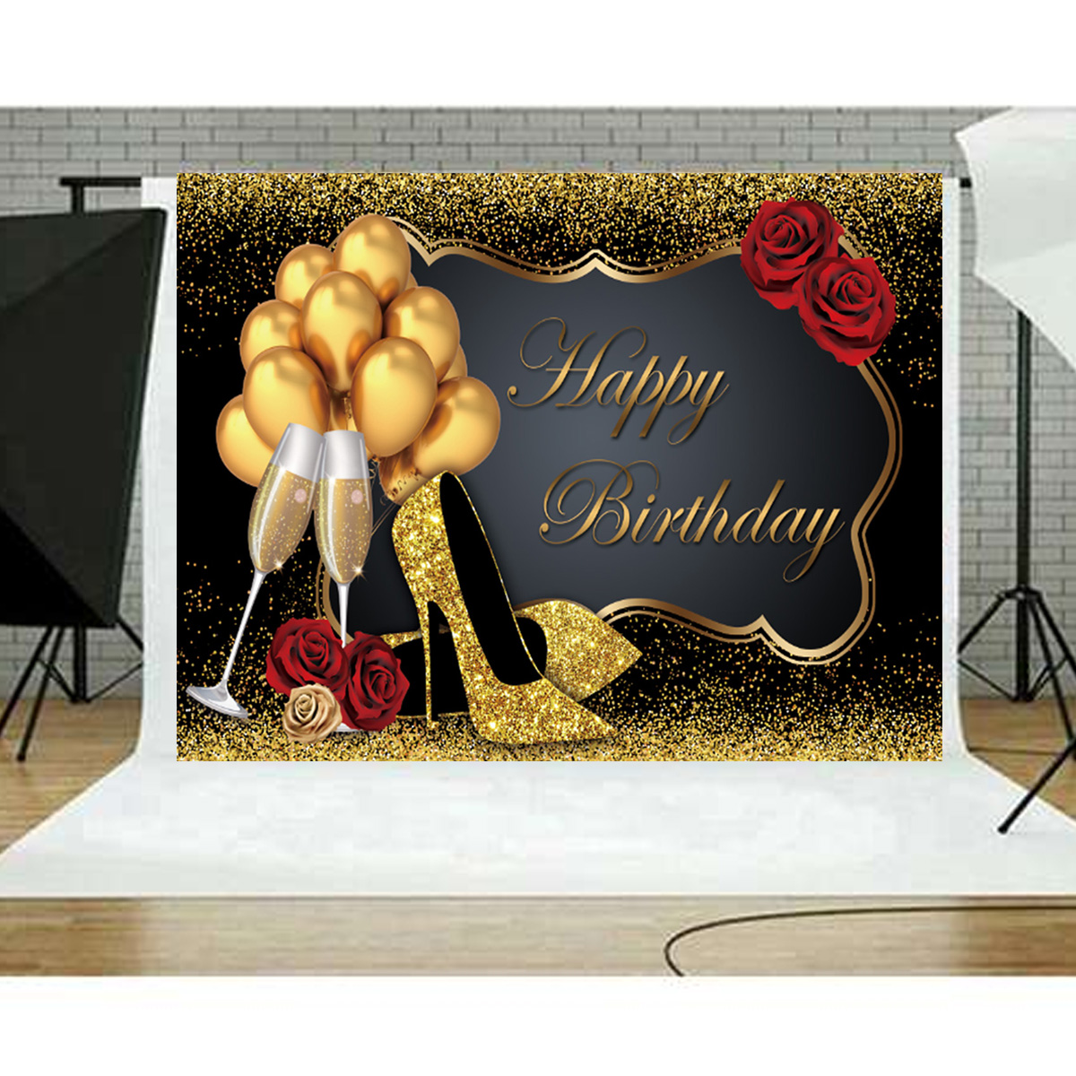 Find 5x3FT 7x5FT 9x6FT High Heel Glass Golden Balloon Birthday Theme Photography Backdrop Background Studio P for Sale on Gipsybee.com with cryptocurrencies