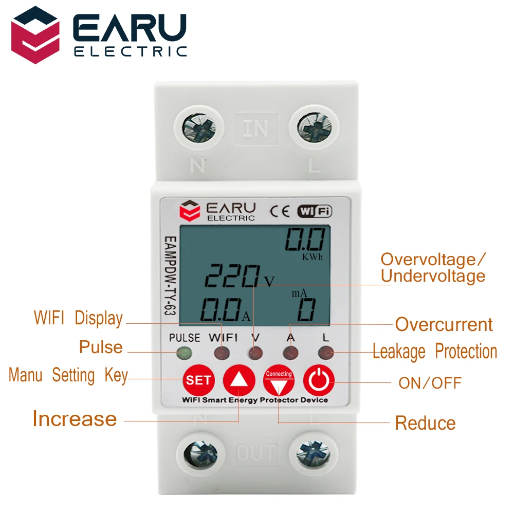 Find EARU 2P 63A Tuya WiFi Smart Circuit Earth Leakage Over Under Voltage Protector Relay Device Switch Breakers Energy Power kWh Meter Works With Alexa Google Home for Sale on Gipsybee.com