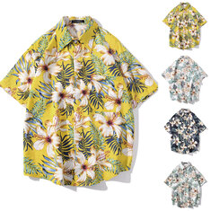 Outdoor Men Hawaiian Camisa Manga Curta Estampa Floral Chique Lapela Solta Camisas Hombre Streetwear Praia Casual Camisas