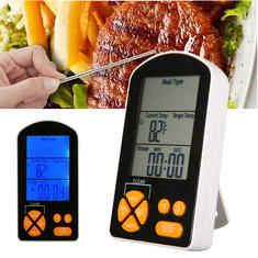 venska: Digital BBQ-ködtermometer med LCD-fjärrkontroll och inbyggd timerlarm, drivs med AAA-batterier.